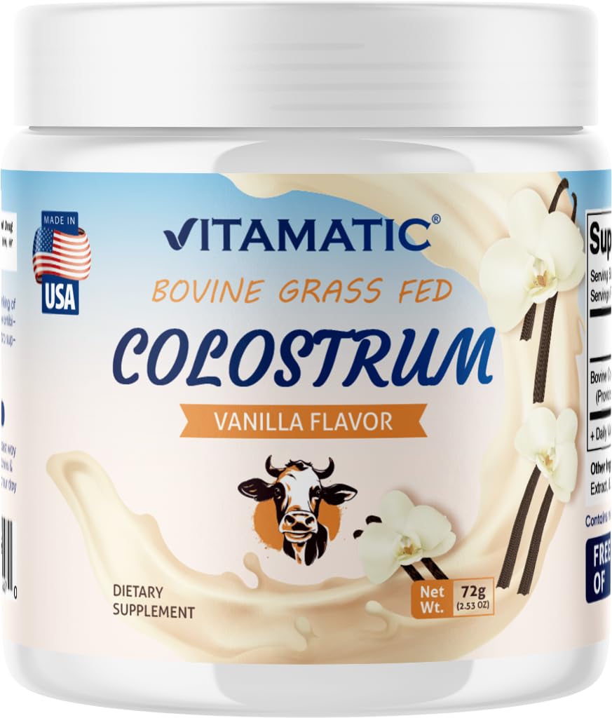 Vitamatic Bovine Colostrum 30% IgG Polvere - Supplemento per la salute del fegato, la crescita dei capelli, la bellezza, il recupero del muscolo, e il supporto immunitario - Facile da mescolare - 72 Gram (30 Servings, Vanilla Flavor)
