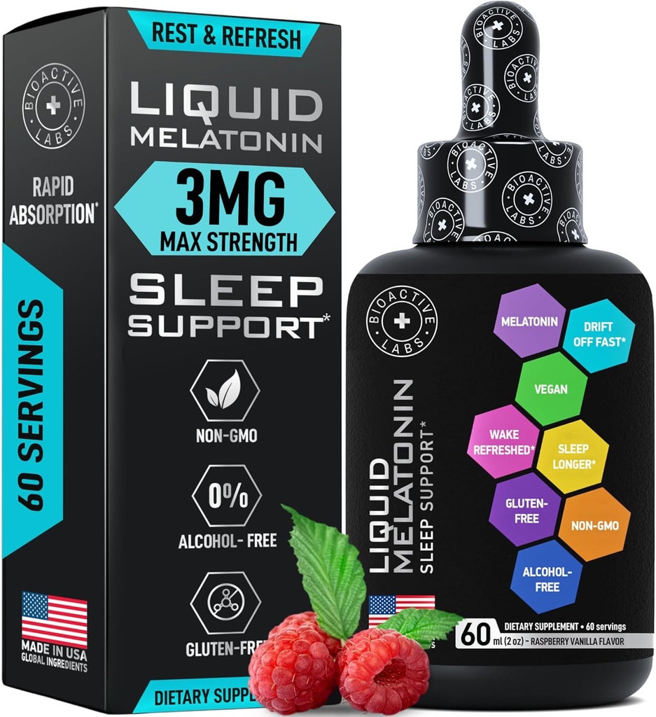 Melatonina liquida per adulti e bambini - 3mg Melatonina liquida sublinguale per bambini e adulti - Dormire rapidamente gocce liposomali - Natural Raspberry Flavor Sleep Aid - 60ml