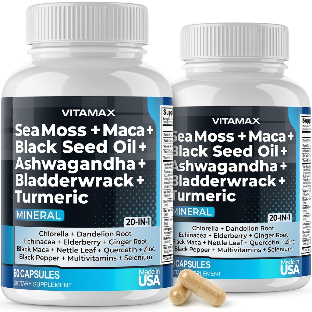 Moss di mare, Maca, Olio di semi neri, Ashwagandha, Bladderwrack, Turco - Elderberry, Vitamine C & D3, Dandelion & Black Pepper - Made in USA- 120ct