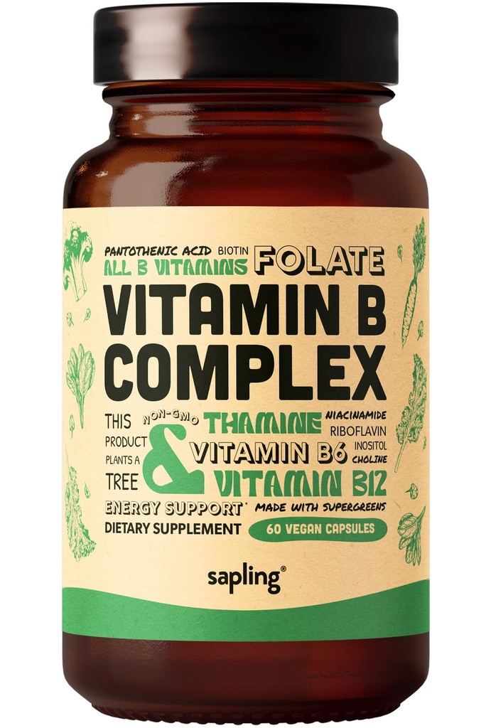 sapling Vegan Vitamin B Complex - Whole Food Blend with Essential B Vitamins B1, B2, B3, B5, B6, B7, Folate, B12-60 Caps