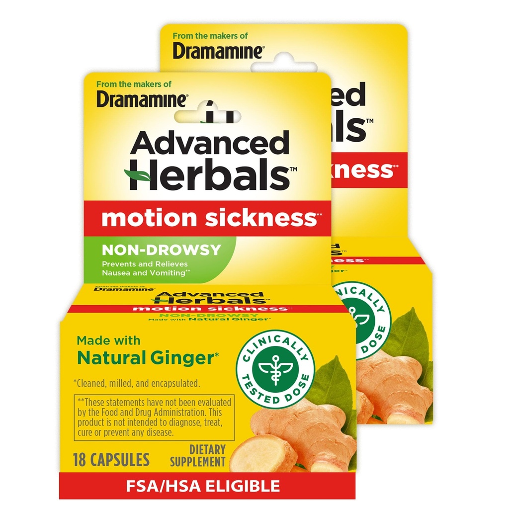 Aus den Erbauern von Dramamine, Advanced Herbals, Non-Drowsy, Motion Sickness Relief, Made with Natural Ginger, 18 Count, 2 Pack