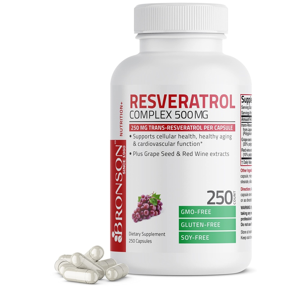 Bronson Resveratrol 500 Complex Standardisierte Trans-Resveratrol + Trauben Seed & Rotwein Extrakt, 250 Kapseln