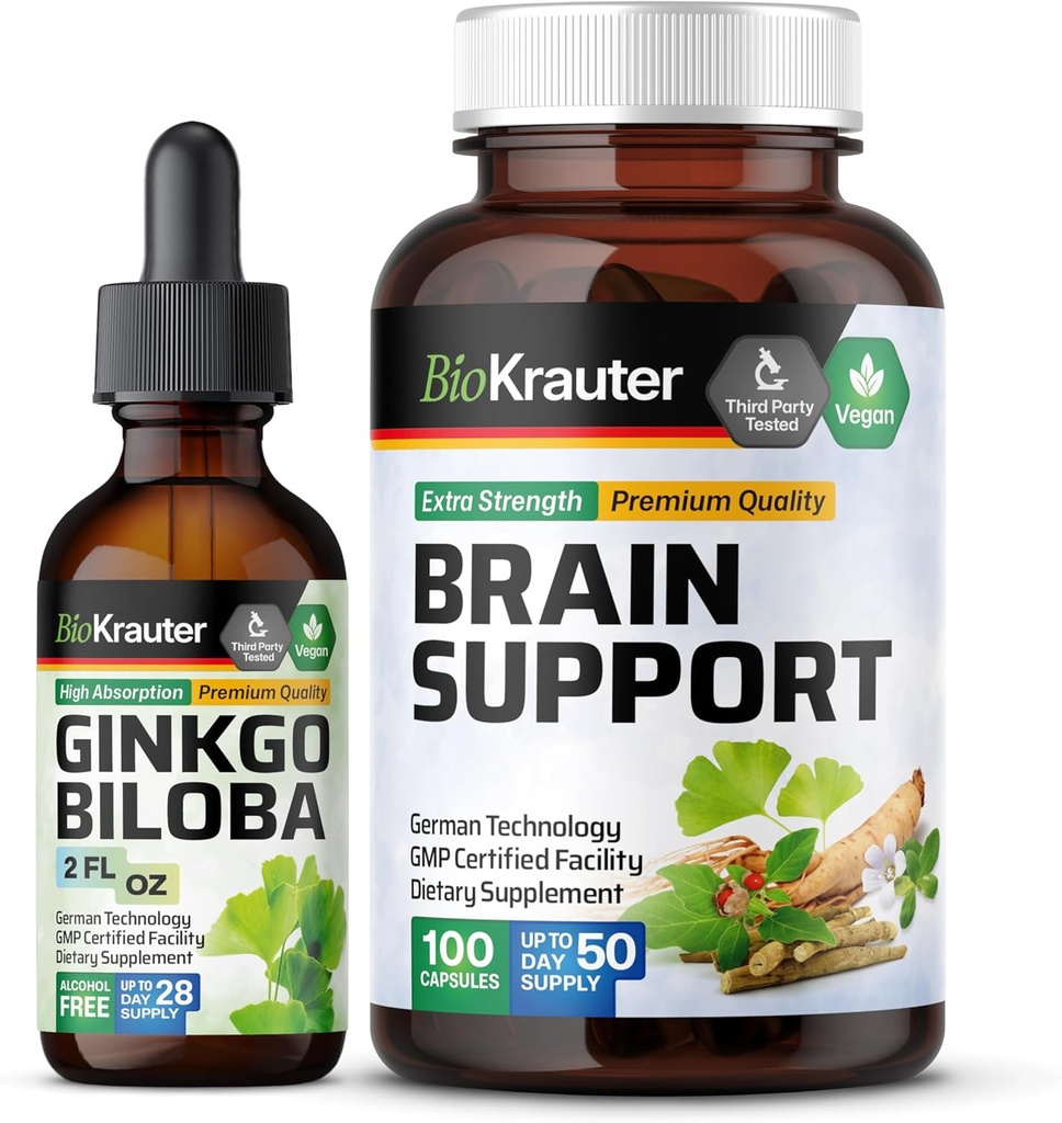 BIO KRAUTER Ginkgo Biloba Tincture 2 Fl. Oz. & Brain Support 100 Kapseln