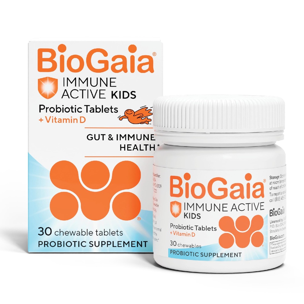 BioGaia Immune Enfants actifs : Probiotique + vitamine D pour la santé digestive et immunitaire : 3 ans et plus Allergène, lait, soja et sans gluten : confiance des pédiatres : 30 jours d'approvisionnement