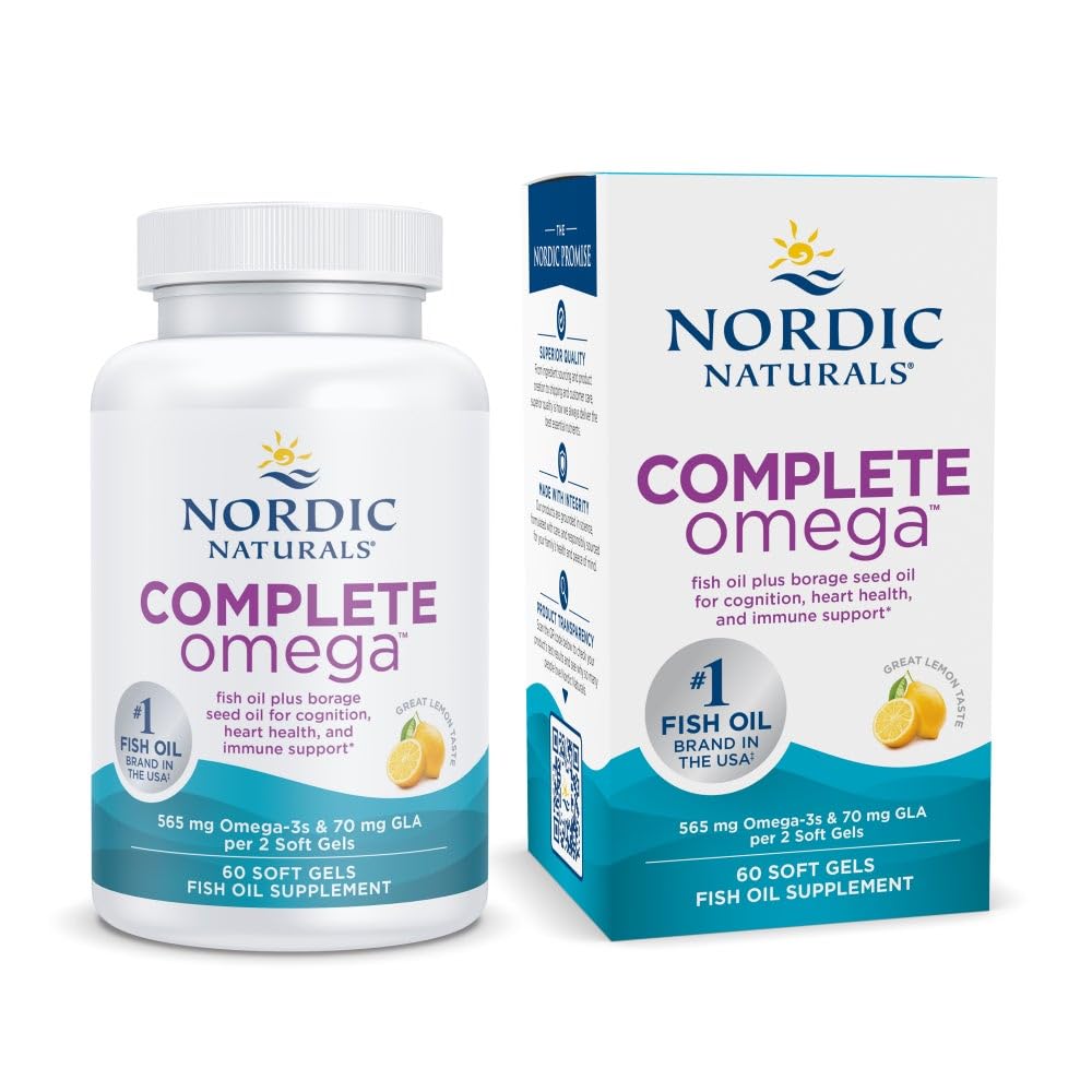 Nordic Naturals Complete Omega, Lemon Flavor - 60 Soft Gels - 565 mg Omega-3 - EPA & DHA mit Hinzugefügt GLA - Gesunde Haut, Kognition, Positive Stimmung - Non-GMO - 30 Servietten