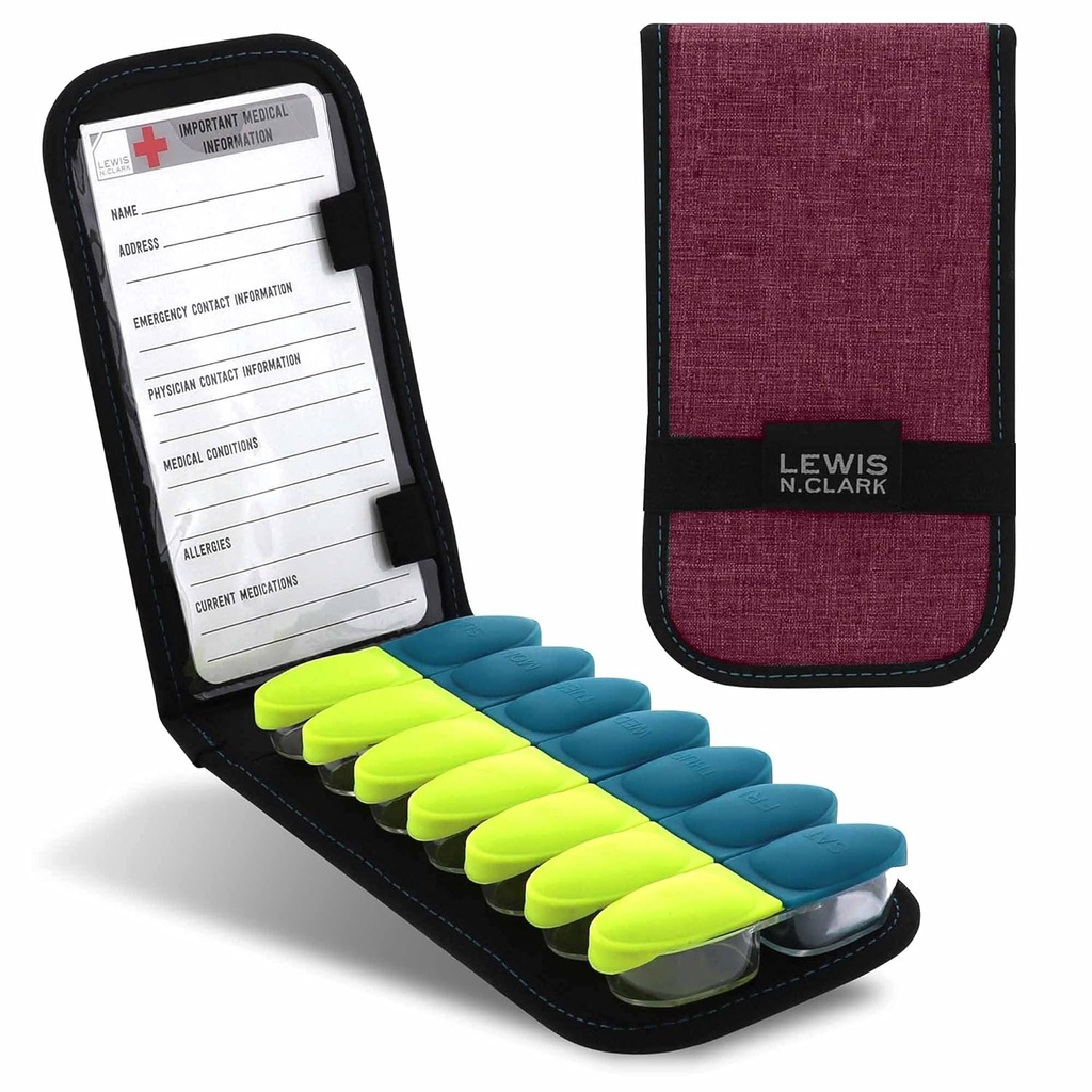 Lewis N. Clark Magnetic Folding Pill Organizer Supplement Case for OTC Medicine, Prescription Vitamines-14 Fentes, Bourgogne
