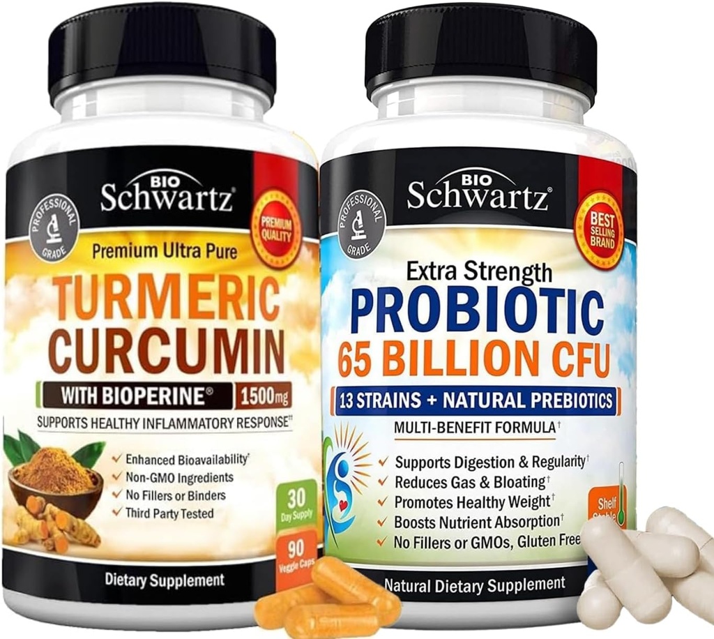 65 Billion CFU Daily Probiotic Supplement (1 Monat Versorgung) Plus Kurkuma mit schwarzem Pfeffer Extrakt 1500mg Complex (Trial Size)