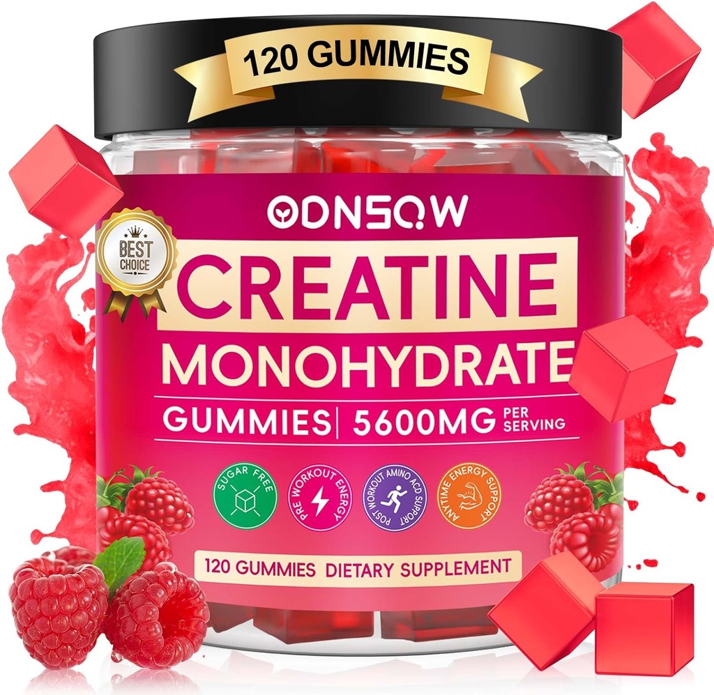 Monohydrate de créatine pour hommes et femmes 120 CT - 5600mg de monohydrate de créatine par service - végétalien, sans sucre Monohydrate de créatine à croquer pour la force musculaire, l'énergie boost (arôme de framboise)