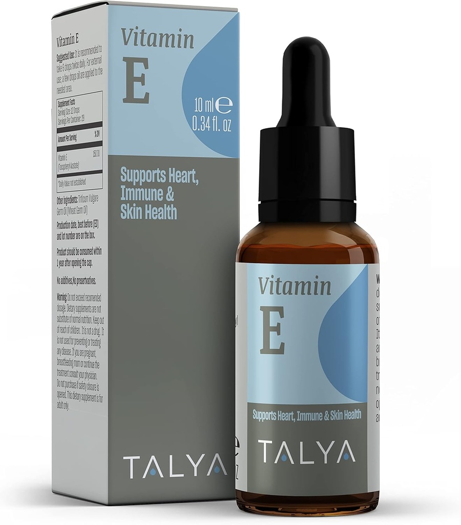 TALYA Vitamin E Flüssigkeit Tropfen 0.34 fl.oz | Knochen, Gelenk, Herz-Gesundheit | Vitamin E Öl für Narben & Haut | Glasflasche mit Dropper | Vitamin E Supplement, Non-GMO, Vegan