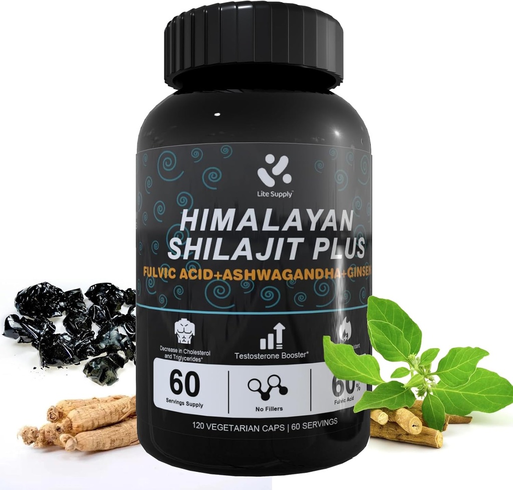 Shilajit Himalayan Supplement 60% Fulvic Säure, 120 Vegan Kapseln Versorgung mit reinen natürlichen Shilajit, Ashwagandha, Ginseng Extract - Hohe in Trace Minerals für Männer Energieunterstützung