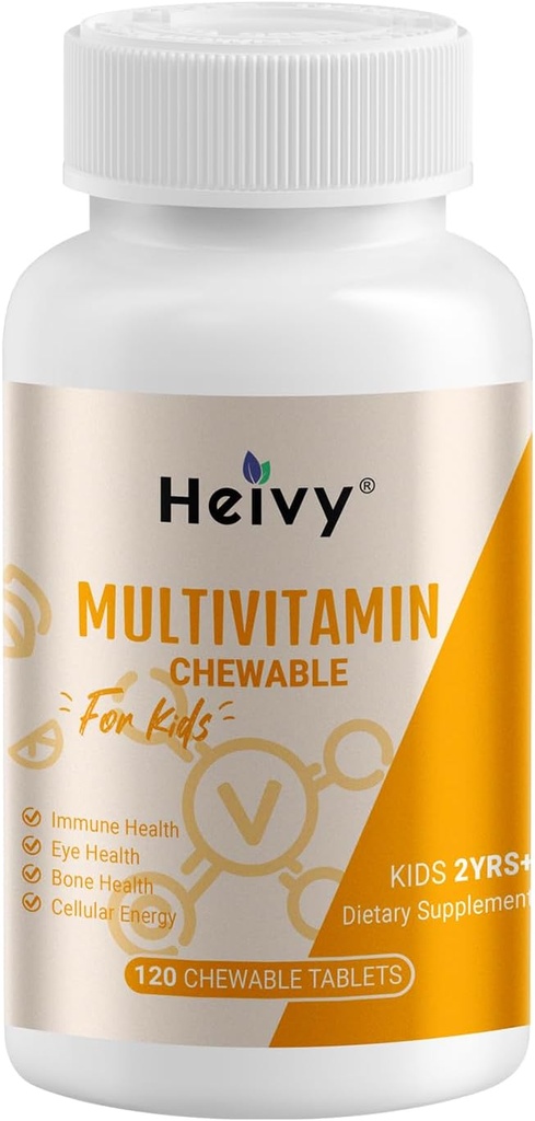 Bambini Heivy Multivitaminici, Bambini Chewable Vitamin D3, C, Vitamina B12, B6, Vitamina A, E & Zinc per il supporto e la salute immuni, 120 compresse masticabili