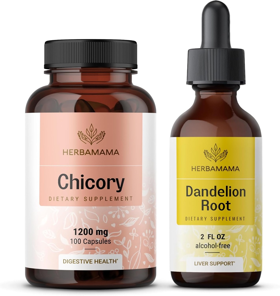 HERBAMAMA Chicory and Dandelion Kit - Bundle of 1200 mg Chicory Root Capsules & Dandelion Root Tincture 2 fl oz - Vegan, Non-GMO, Sugar & Alcohol-Free - 2 Pack