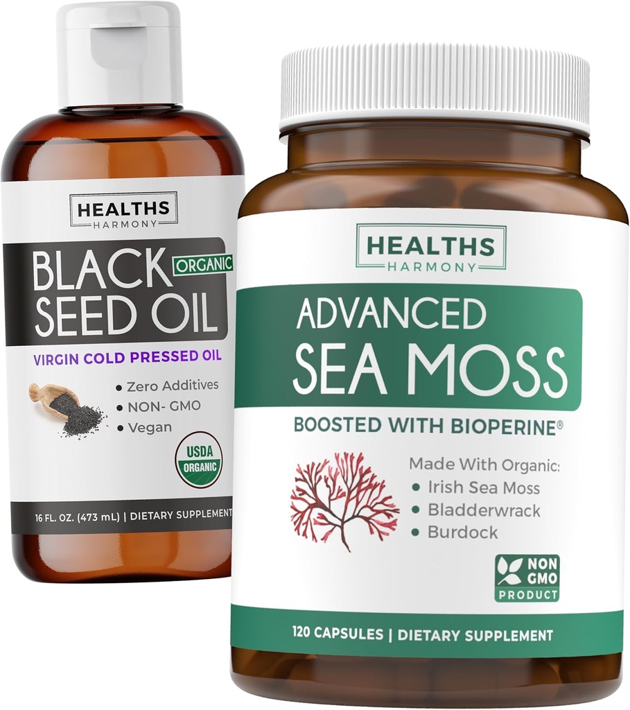 Black Seed Oil Liquid & Sea Moss (2-Monats-Versorgung) Sea & Seed Fusion Bundle - Black Seed Oil Liquid (16fl.oz) Premium Cold-Pressed Clack Cumin Seed Oil & Organic Irish Sea Moss mit BioPerine - Vegan