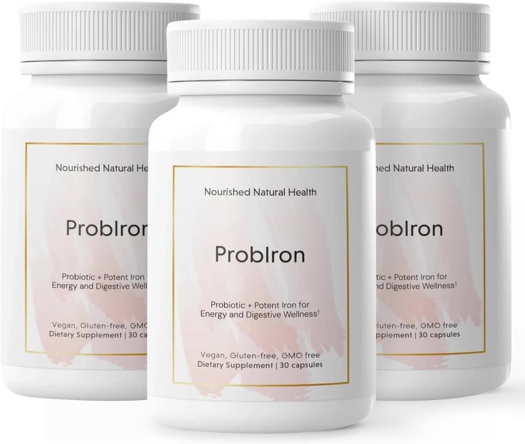 ProbIron Santé Naturelle Nourri - Probiotique femme + supplément de fer boosté avec la vitamine C et le cuivre - Vegan Formula for Energy and Digestive Wellness - 90 Capsules