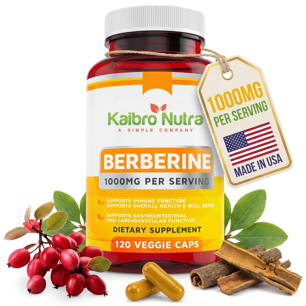 Kaibro Nutra Berberine Supplément 1000mg, Berberine HCL pour système immunitaire, Glucose Support, Circulatoire & Santé Gastro-intestinale, Vegan & Sans gluten, 120 Capsules
