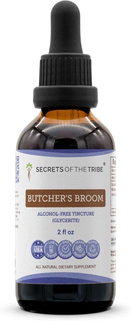 Secrets of the Tribe Butcher's Broom Alcohol-Free Liquid Extract, Butcher's Broom (Ruscus aculeatus) Getrocknete Wurzel-Tinkturergänzung (2 FL OZ)