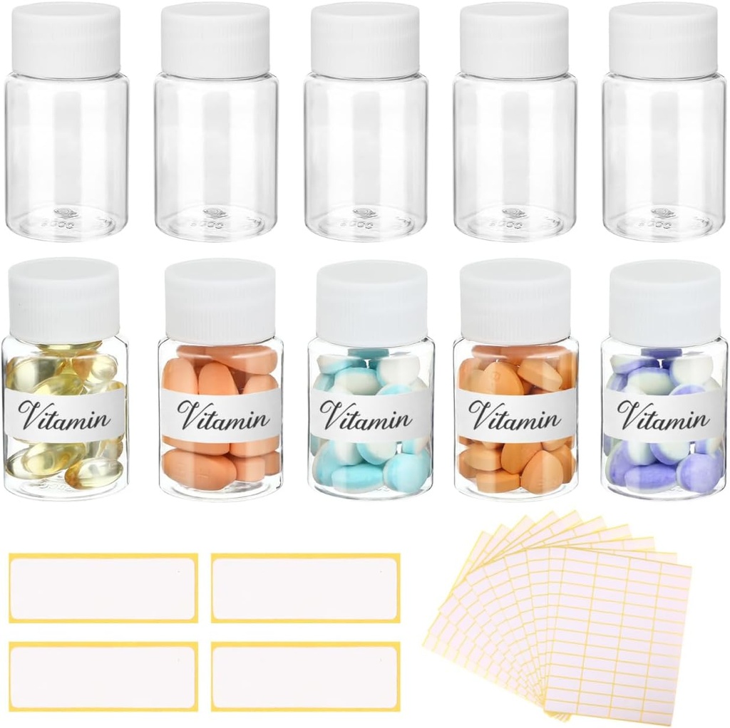 10Pcs Pill Bottles mit leeren Etiketten - 30ml Medizin Container mit Schraubkappen- Kunststoff Leere kleine Pille Container Leak-Proof klare Probe Jar für Dispense für flüssige Solid Name Aufkleber