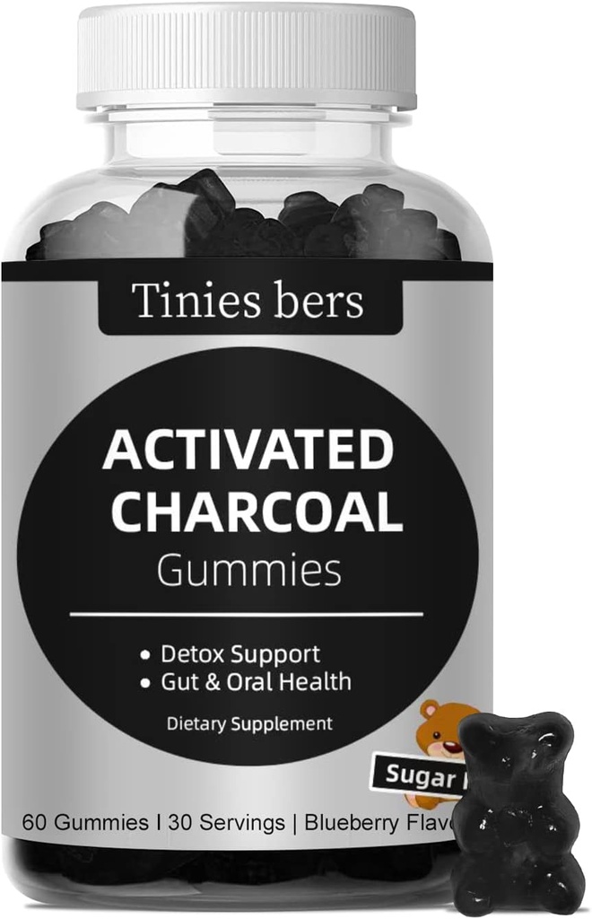 Gummies charbonnières activées sans sucre, 400 mg de supplément de charbon de coco, plus rapide à nettoyer, détox, gaz de soulagement, Gut & santé bucco-dentaire pour les adultes et les enfants, sans gluten, non OGM, végétalien, pectine, 60