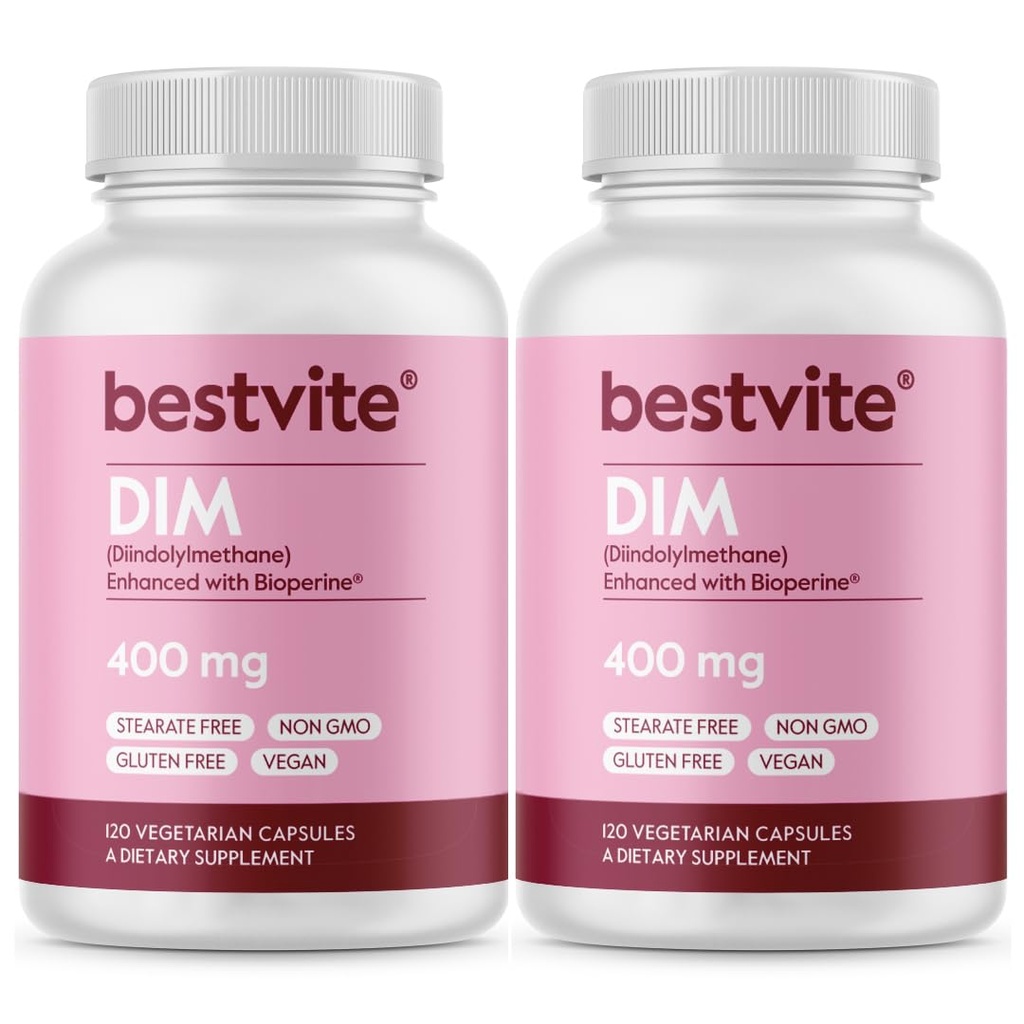 BESTVITE DIM (Diindolylméthane) 400 mg avec Bioperine (240 capsules végétariennes) (120 x 2) - Pas de stéarate - Pas de gélatine - Vegan - Non OGM - Sans gluten