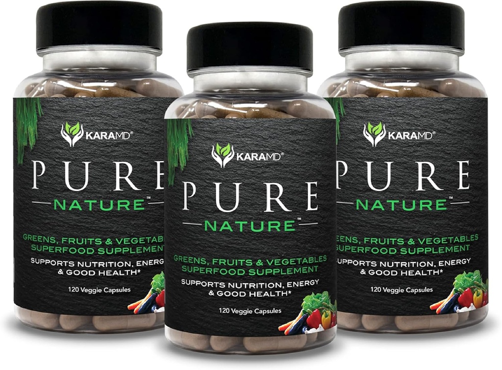 KaraMD Pure Nature | Greens, Fruit and Veggies Supplemento | Vitamine, Fibra & Antiossidanti | 20 Frutta e Verdura Integratori per Energia & Digestione | Gluten Free & Vegan Friendly (3 Pack)