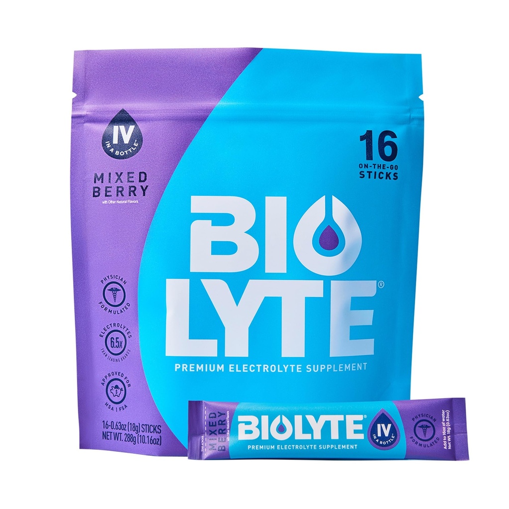 BIOLYTE IV Electrolyte Powder Packets, IV Liquid Drink Mix per acqua, Idratazione sviluppata dal medico, HSA Approvato Rilievo di disidratazione, Chemioterapia deve avere per le donne e gli uomini - Bacche miste (16 Sticks)