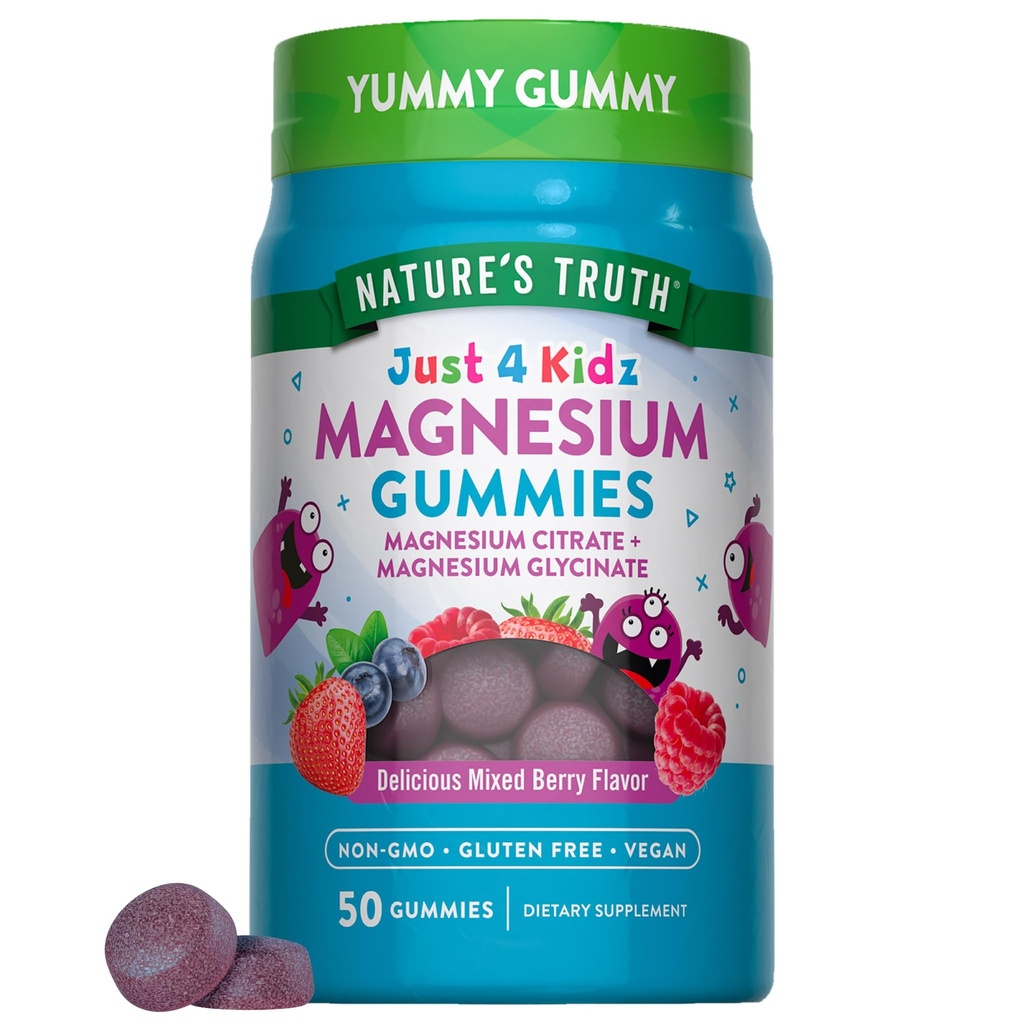 Nature's Truth Magnesium Gummi für Kinder | Glycinate & Citrate | 50 Count | Mixed Berry Flavor | Vegan, Non-GMO & Gluten Kostenlose Ergänzung