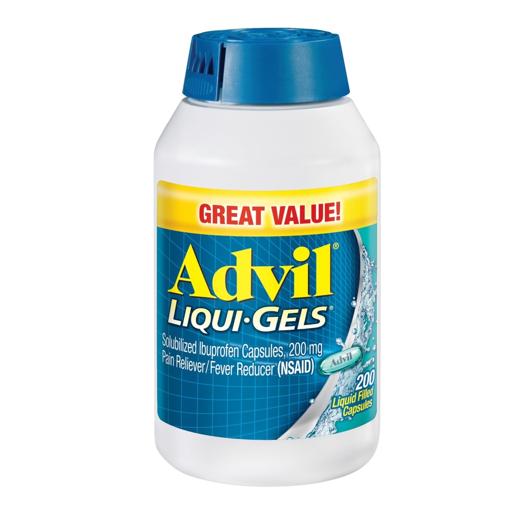 Advil Liqui-Gels Pain Reliever und Fever Reducer, Schmerzmedizin für Erwachsene mit Ibuprofen 200mg für Kopfschmerzen, Rückenschmerzen, Menstruationsschmerzen und Gelenkschmerzen Relief - 200 flüssige gefüllte Kapseln