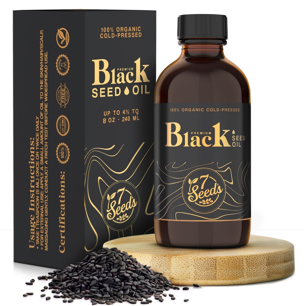 7 Samen kaltgepresstes Schwarzes Seedöl - 240 ml kaltgepresste Nigella Sativa Flüssigkeit für Immununterstützung, Entzündungsunterstützung, Verdauung, Haar & Haut (8 Fl Oz)