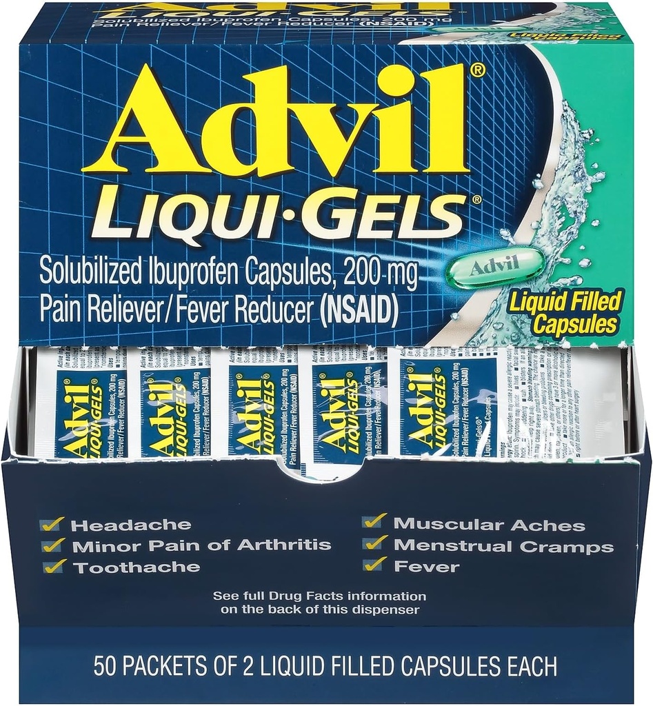 Advil Liqui-Gels Pain Reliever/Fever Reducer, Solubilized Ibuprofen 200mg, 2/Packet, 50 Pakete/Box (016902)