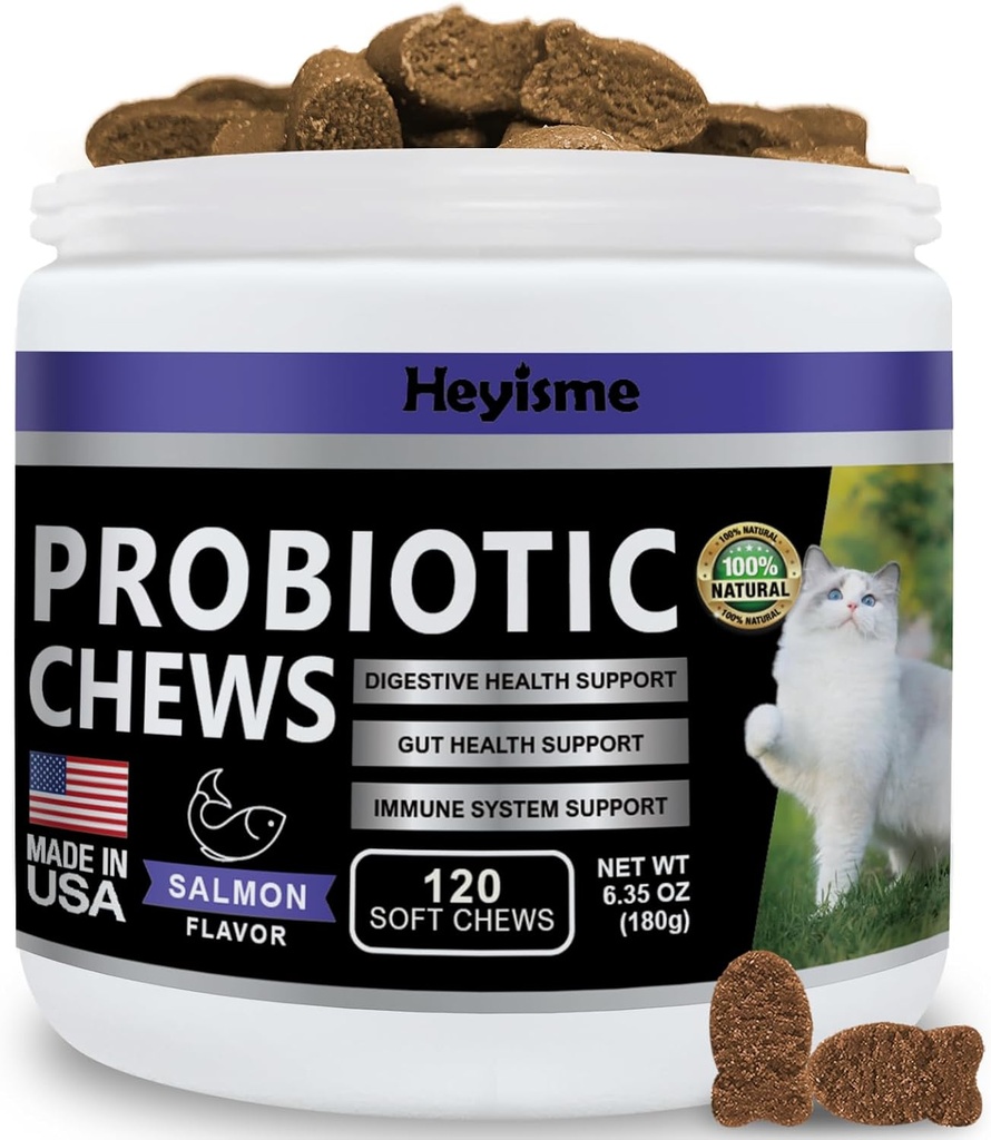 Cat Probiotic, Chews für Gut und Immune Gesundheit, Katzen Probiotische Ergänzung für Katzen Verdauungsunterstützung, Gesunde Verdauung, Cat Constipation und Durchfall Relief (120 Pillen, Lachs)