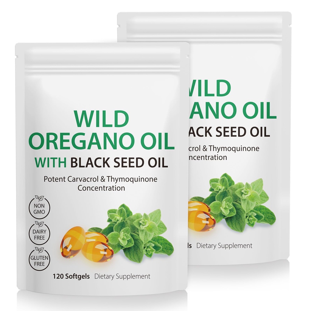2 Packung Öl von Oregano Softgels, Oregano Öl Kapseln, 165mg Carvacrol, 2 in 1 Formuliertes Öl von Oregano mit schwarzem Samenöl 200mg, Oregano Ölergänzung Kapseln