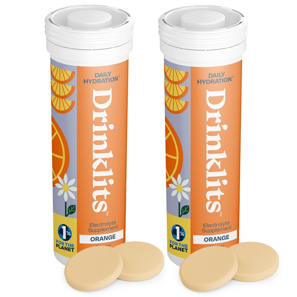 Drinklits Orange Daily Hydration Tablets (2) Tube Bundle | Essential Electrolytes – 0g Sugar – Replenishing Hydration Drink | 20 Servierungen - 10 Tablets pro Tube