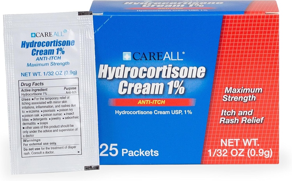 CareAll Hydrocortisone Crema 1% (25 Pack), 0.9gr Foil Packet. Formulazione di resistenza massima, Anti-Itch Rash Crema della pelle allevia prurito, Eczema, Biti di insetti, Veleno Ivy e Psoriasi