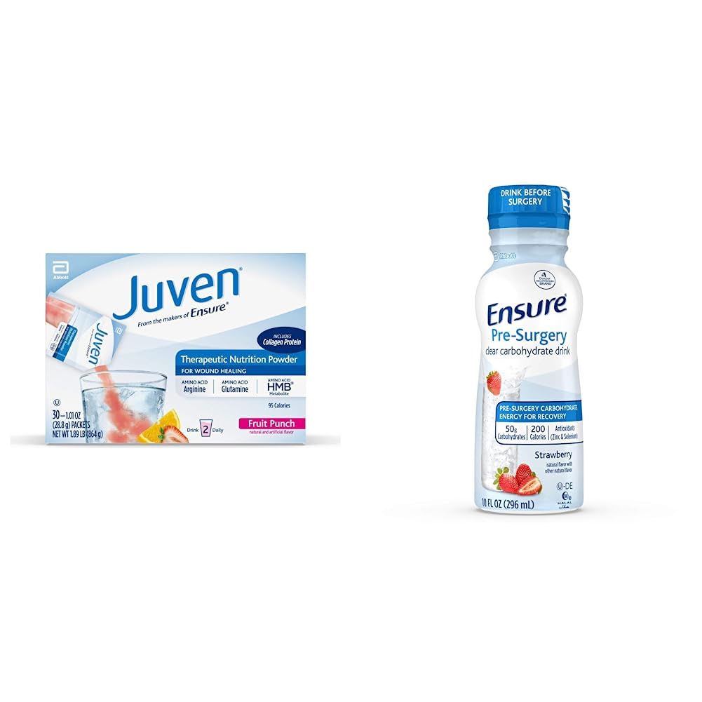 Juven Therapeutic Nutrition Drink Mix Powder for Wound Healing Support, comprend la protéine collagène, le punch de fruits, 30 comtes et assurer la pré-chirurgie, une boisson d'hydrate de carbone claire, fraise, 10 fl oz, 4 comtes