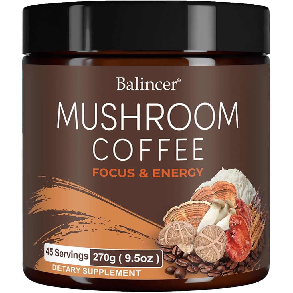Mushroom Coffee, 6 Funghi adaptogenic con Lion's Mane, Cordyceps, Turchia Tail & More, Instant Mushroom Coffee for Focus, Energy, Immune & Digestion Support