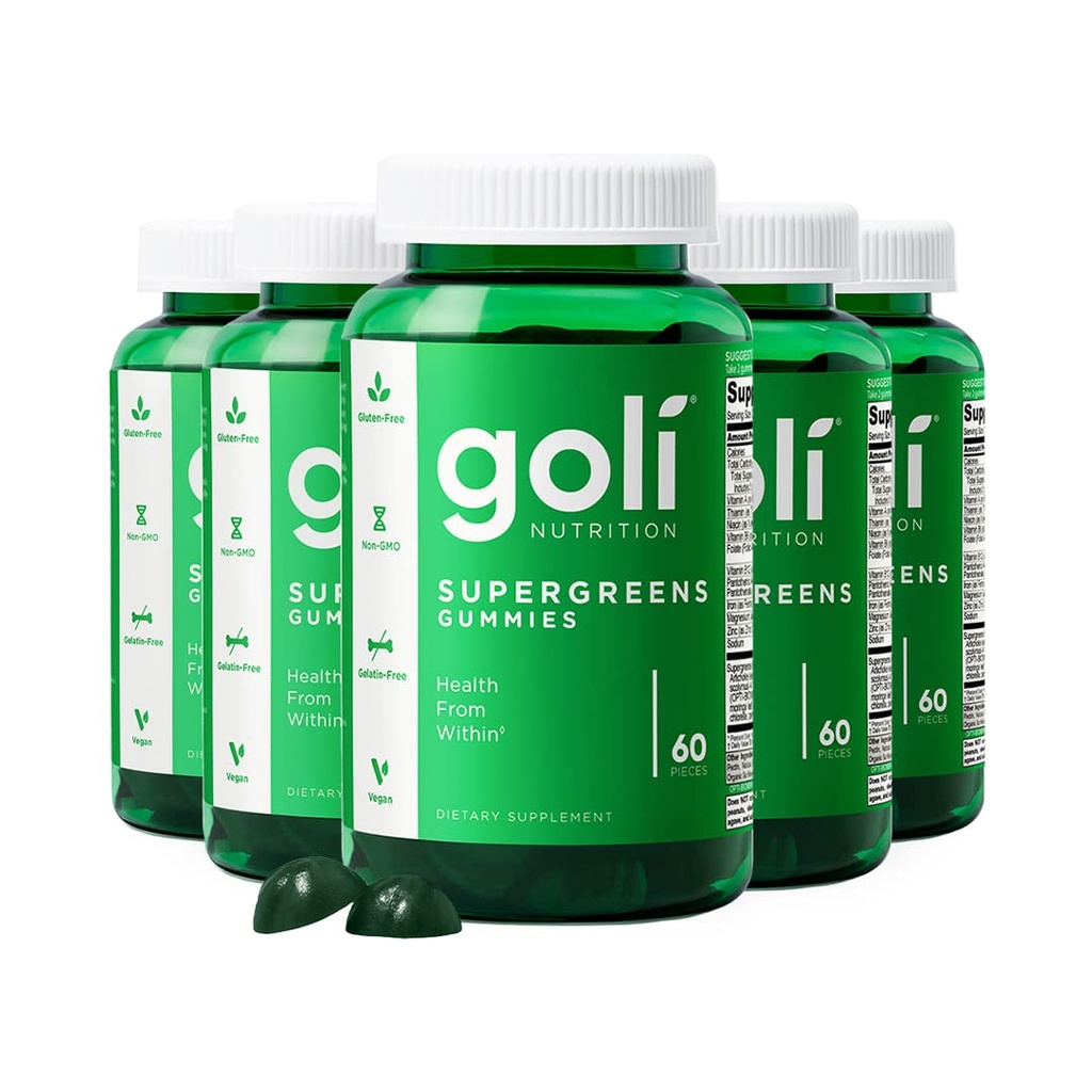 Goli SuperGreen Vitamine Gummy - 300 Compte - Vitamines et minéraux essentiels - à base végétale, végétalien, sans gluten et sans gélatine - Santé de l'intérieur, boîte de 5
