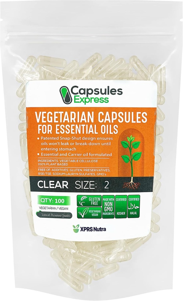 XPRS Nutra Size 2 Empty Vegan Capsule - 100 Count Clear Veggie Capsule per la maggior parte degli oli essenziali - Pillole vegetali vuote per oli essenziali - DIY Filling