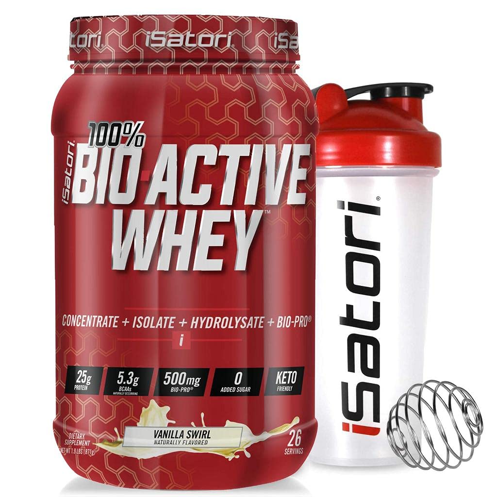 iSatori Bio-Active Whey Protein Powder - Vanilla Swirl (30 Servierungen) & iSatori Classic Blender Bottle (Klarflasche mit Rotem Top)
