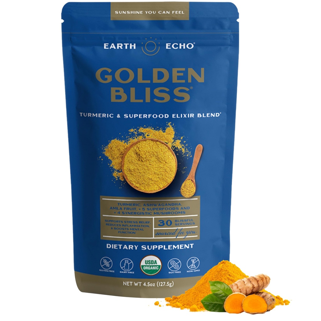 Earth Echo Golden Bliss, Organic Turmeric Superfood Elixir Blend with Ashwagandha Root, MCT Oil e 4 Mushroom Blend for Restful Sleep, Immune Support and Riduce Craving, Dairy-Free, 30 Servings