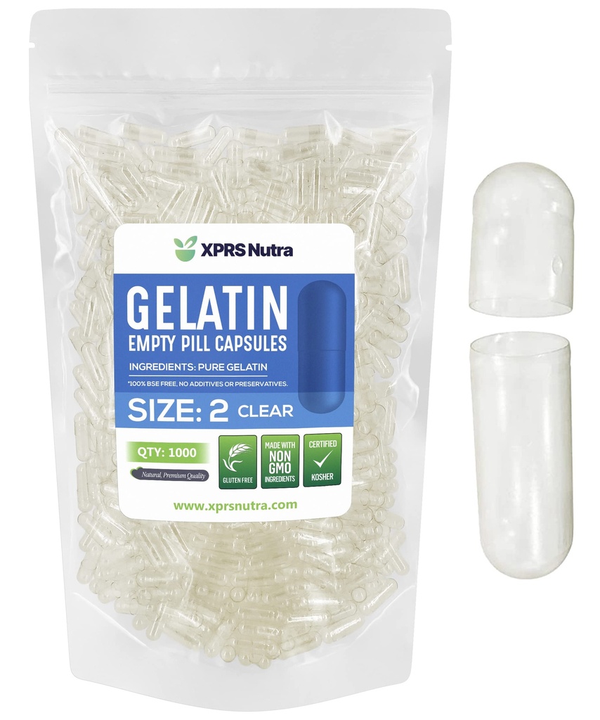 XPRS Nutra Taille 2 Capsules vides - 1000 Compter Capsules vides de gélatine - Pills Bricolage Capsule Remplissage - Pure Pilule Gel Caps pour Do-It-Youlf Suppléments