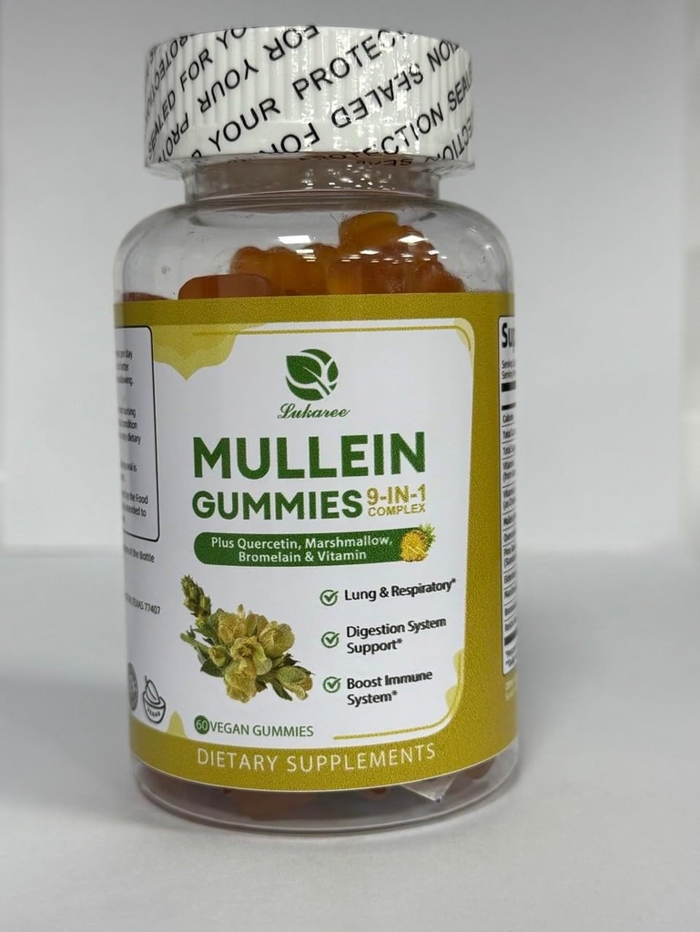 Lukaree 9 in 1 Mullein Gummies, Mullein Leaf Extract w/Quercetin, Bromelain, Elderberry & Marshmallow für Immune, Vegan,60 Count