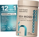Integratore di moss di mare, capsule di moss di mare con olio di semi neri, radice di Ashwagandha e Burdock, supplemento multiminerale con vitamina C, 60 capsule di verdure