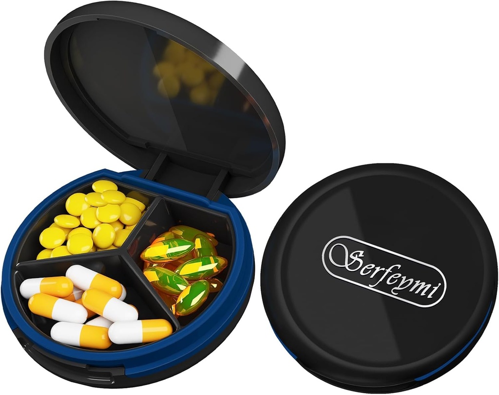 Serfeymi Small Pill Box - 3 scomparti Portatile Pill Box per Purse Pocket, Compact Mini Travel Pill Case - Adatto per Medicina, Vitamina, Fish Oil, Integratori - Nero (Logo)