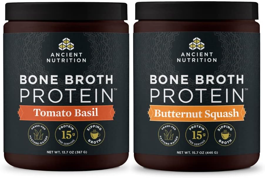 Ancient Nutrition Bone Broth Protein Powder, Tomato Basil, 15 Servings + Bone Broth Protein Powder, Butternut Squash, 15 Servings