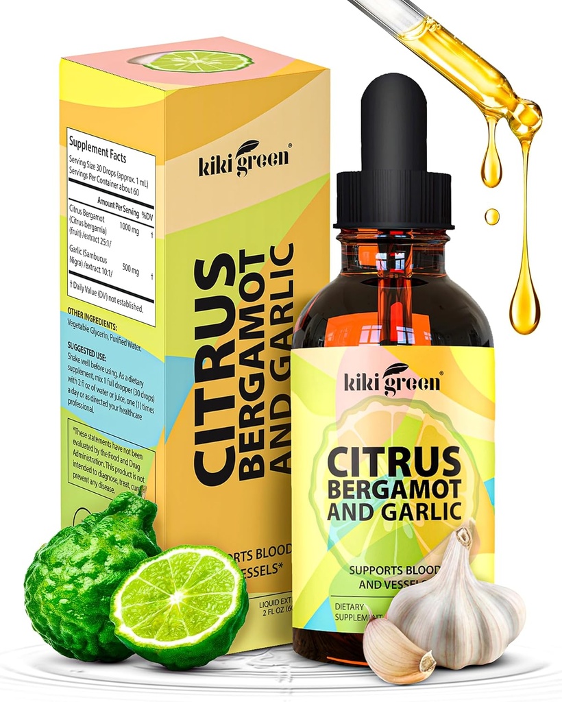 KIKI Green Liquid Citrus Bergamotte & Knoblauch Extrakt - Citrus Bergamotte Ergänzung für Herzgesundheit, Immunsystem Unterstützung und gesunde Aging Non-GMO, Glutenfreie Ergänzung 2 Fl Oz.