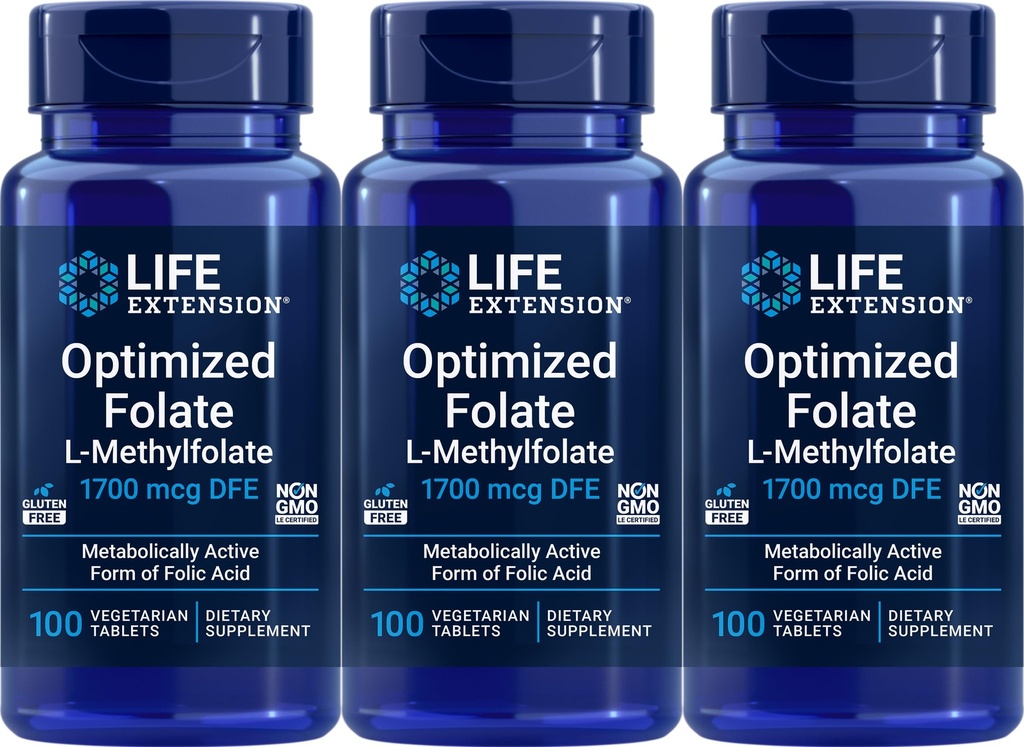 Prolongation de la durée de vie Folate optimisé 1700 mcg DFE, 100 comprimés végétariens (paquet de 3)
