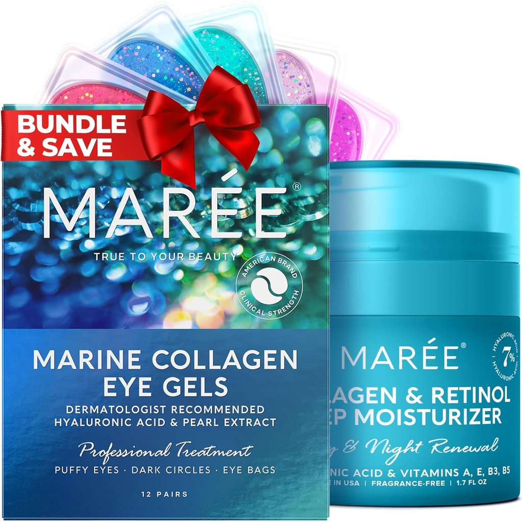MAREE Eye Gels & Collagen Moisturizer Face Cream Bundle - Unter Augen Gels für Puffy Eyes und Dark Circles, Anti Aging Face Cream mit Hydrating Effect - Marine Collagen & Hyaluronsäure, Retinol