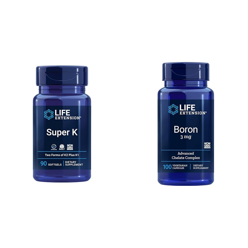 Prolongation de vie Super K Vitamine K1, K2 MK-7, MK-4, Vitamine C, Bone/Heart Health, Approvisionnement 3 mois et Boron 3 Mg 100 Capsules végétariennes