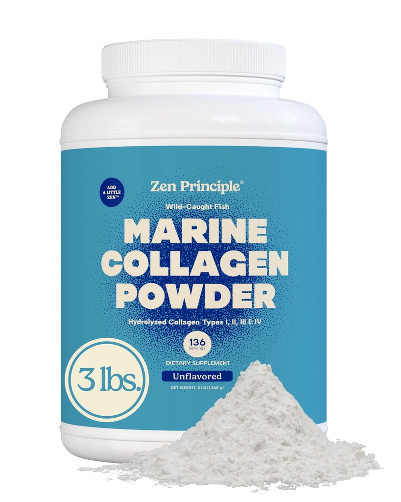 Peptidi di collagene marino di principio Zen Polvere 3 lb. Pesce selvatico, non OGM. Supporta pelle sana, capelli, articolazioni e ossa. Tipi idrolizzati I, II, III e IV Proteine. Aminoacidi. Facile da mescolare.