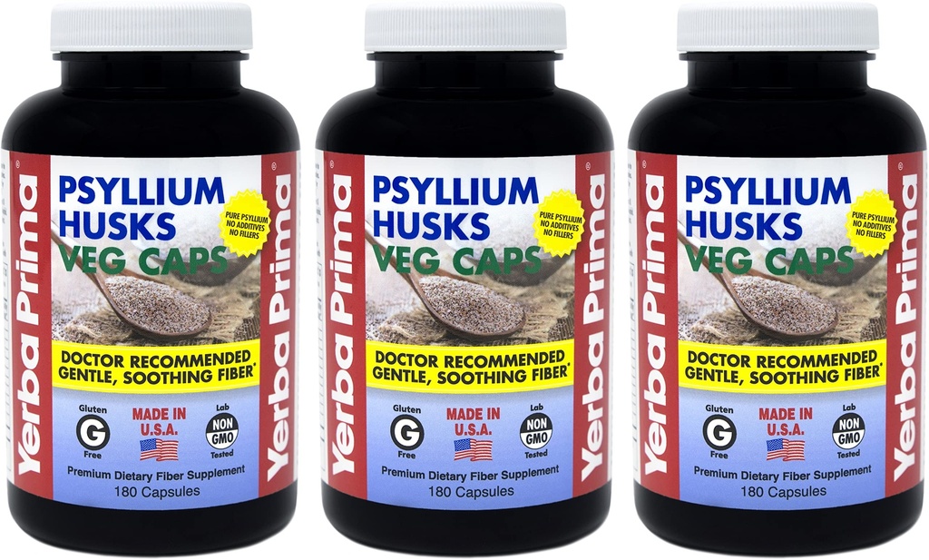 Yerba Prima Psyllium Husks Veg Caps - 180 Count (Pack von 3) - Vegan, Non-GMO, Glutenfrei, Colon Cleanser, Tägliche Faserergänzung für Gut Health & Regularity